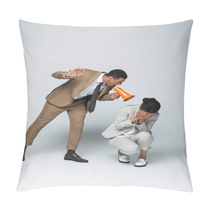 Personality  Angry African American Businessman Screaming At Scared Businesswoman While Holding Megaphone On Grey Pillow Covers