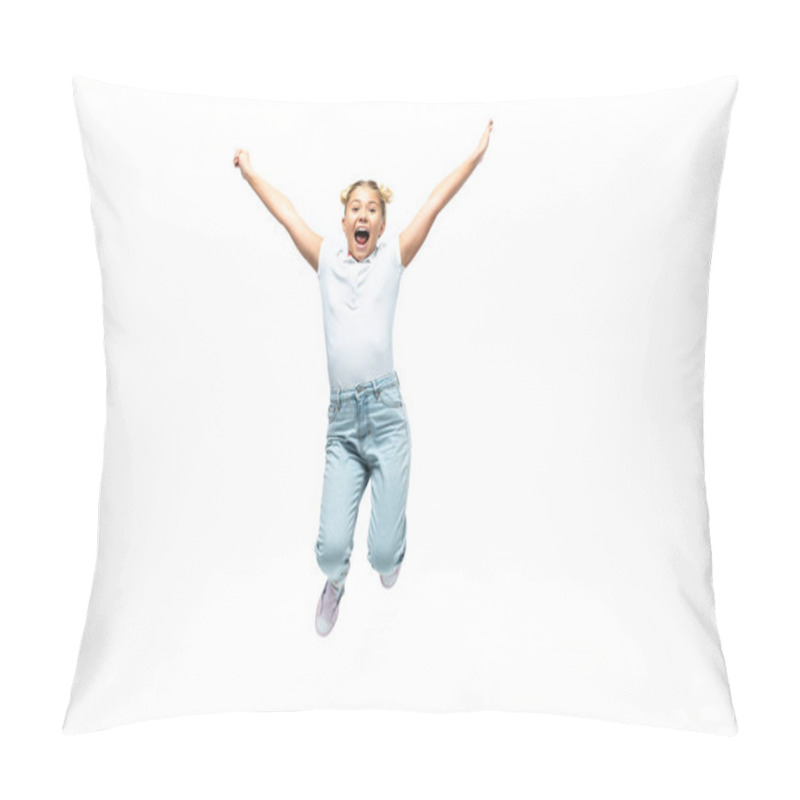 Personality  Excited Schoolgirl Jumping Isolated On White  Pillow Covers