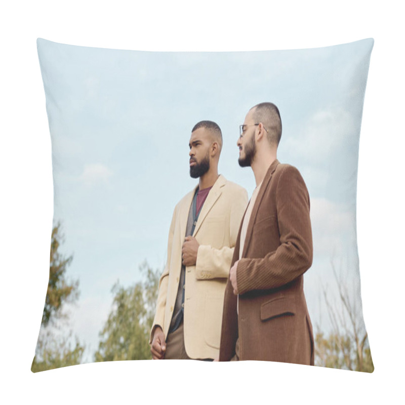 Personality  Two Male Models Showcase Trendy Autumn Outfits While Standing Confidently In A Picturesque Field. Pillow Covers