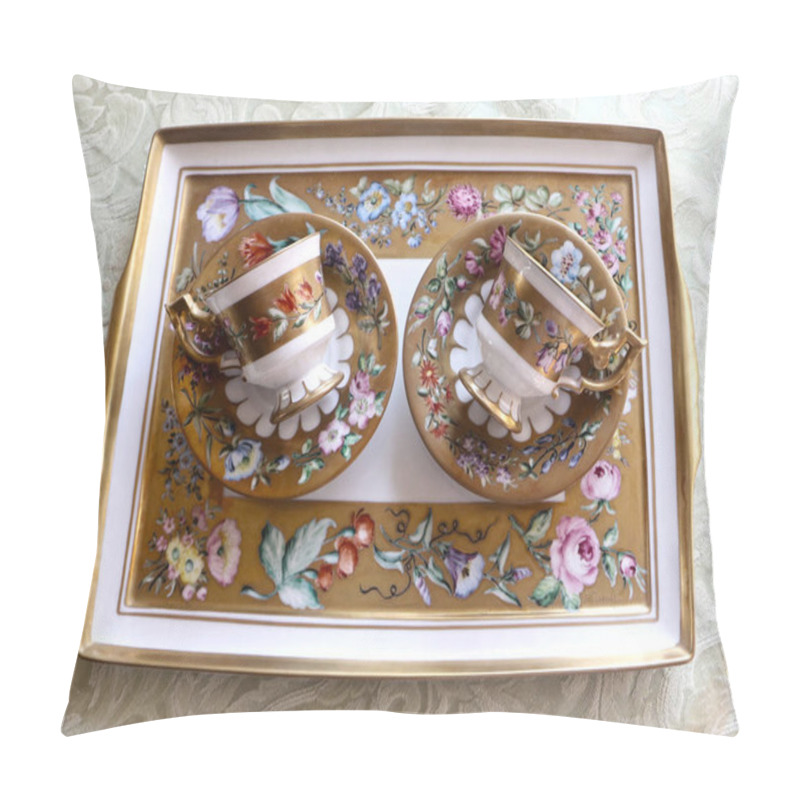 Personality  Romantic And Antique Coffee Set For Two, Two Cups With Saucers And Plate, Hand Painted In Gold And Enamel With Colorful Flowers In Biedermaier Style Pillow Covers