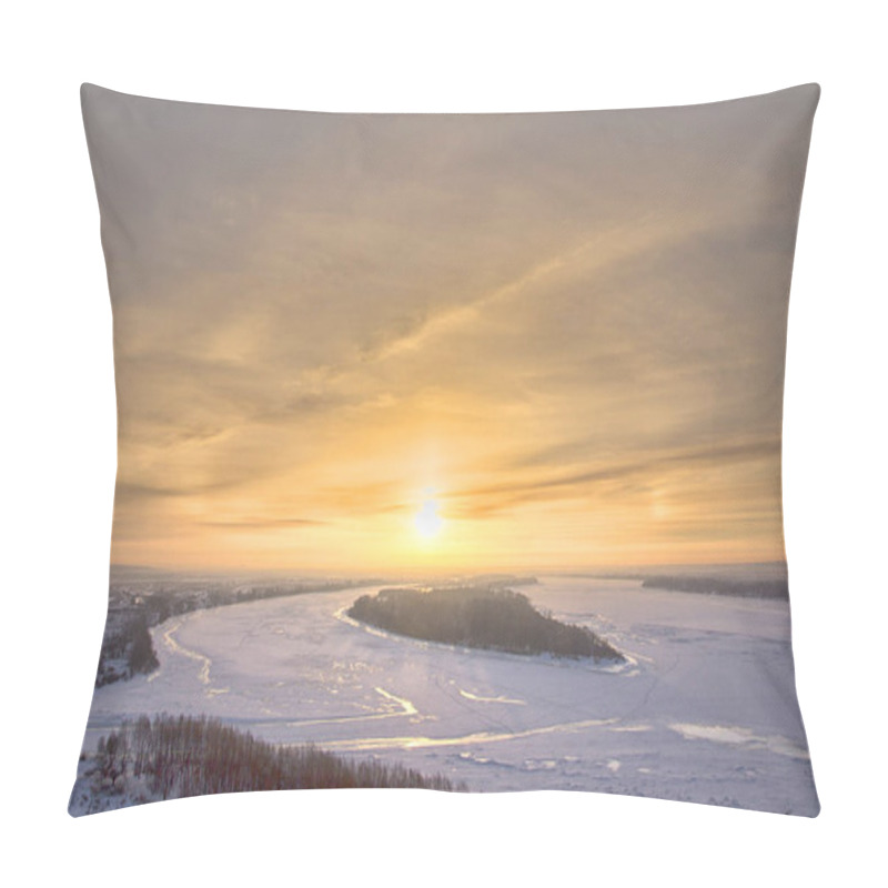 Personality  Panoramic View On Frozen River And Forest On Hill In Winter Duri Pillow Covers