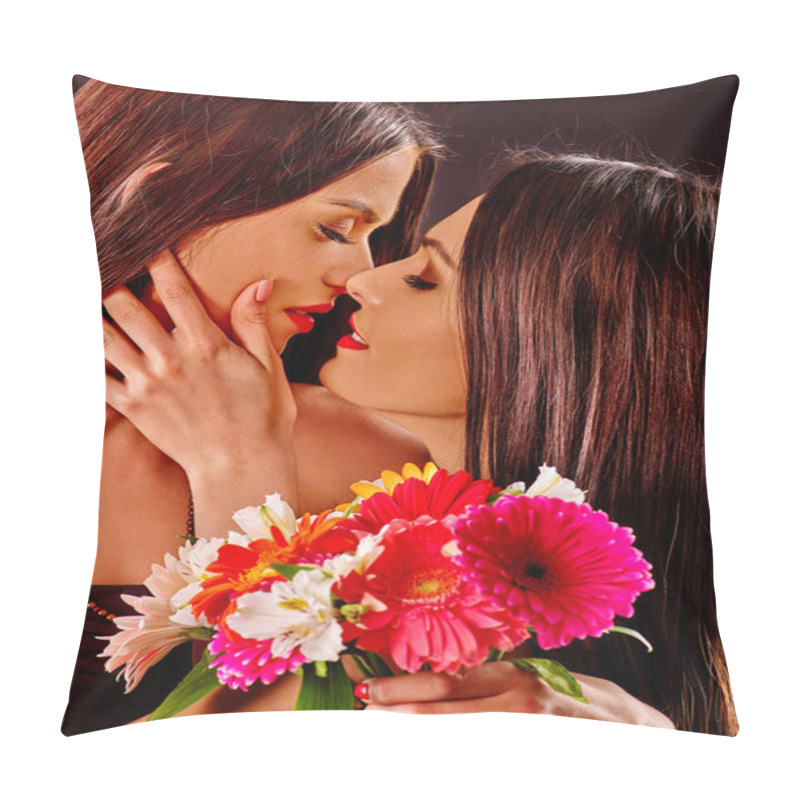 Personality  Two Sexy Lesbian Women With Flower. Pillow Covers