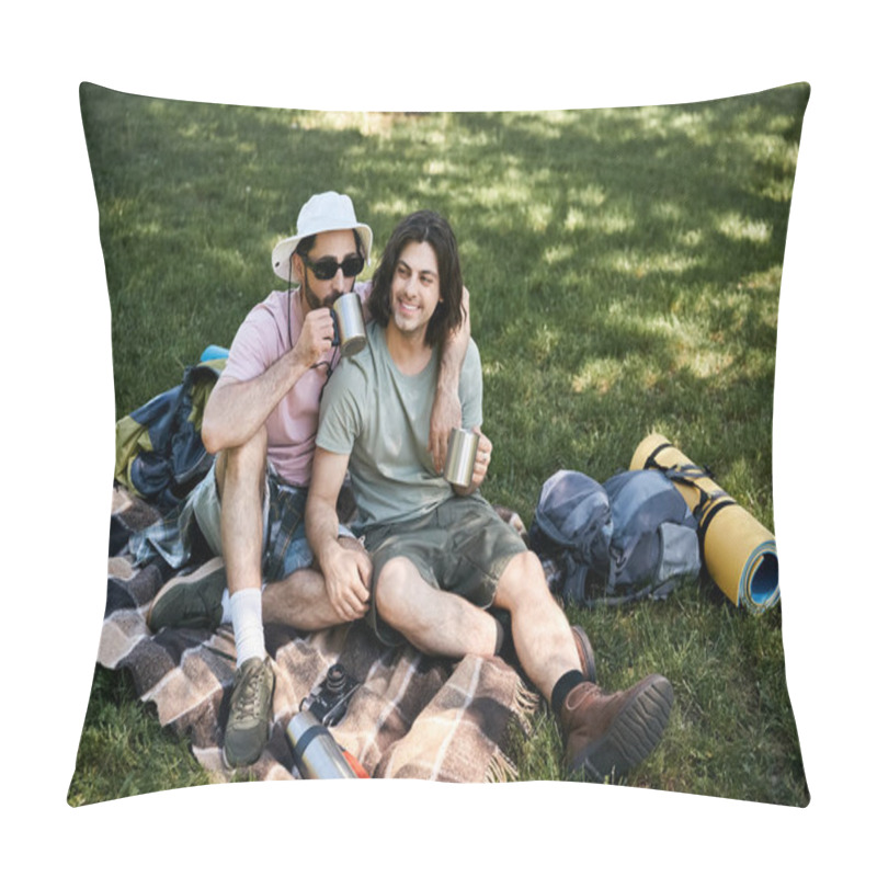 Personality  A Young Gay Couple Enjoys A Break During Their Summer Hike, Sharing Drinks And Laughter In The Peaceful Wilderness. Pillow Covers