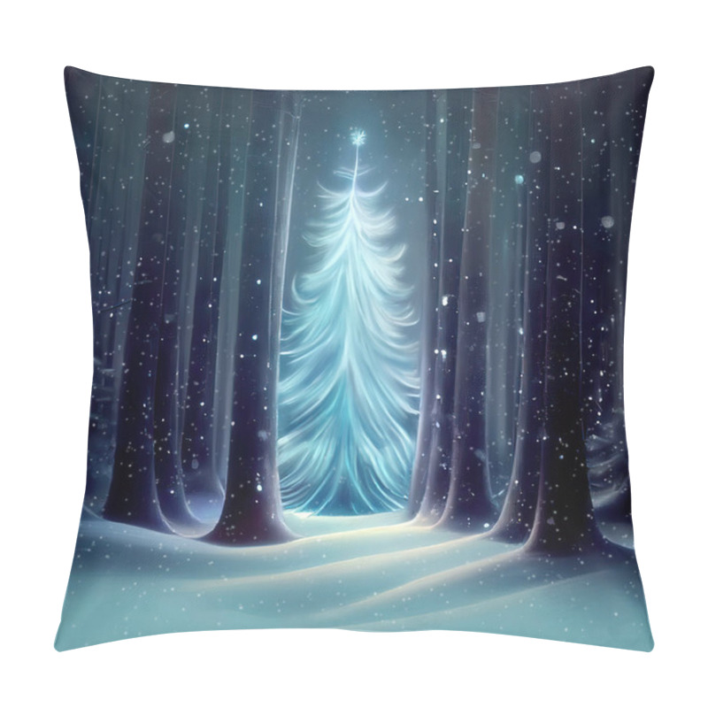 Personality  Christmas Tree Shining Brightly In A Magic Winter Forest Covered With Snow At Night. Square Format, Copy Space, 3D Digital Illustration Pillow Covers