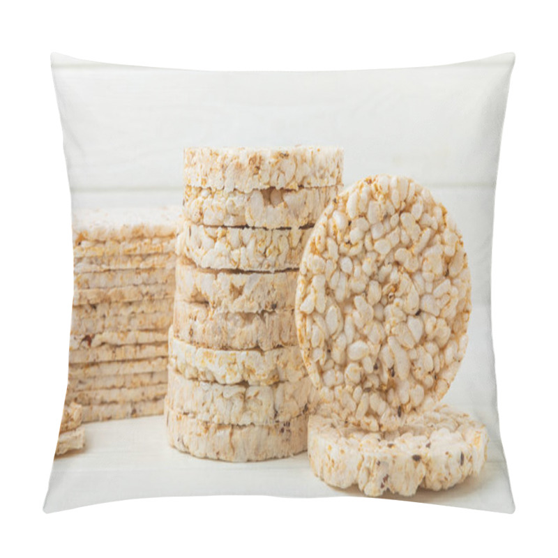 Personality  Rice Cakes On White Texture Wood. Close-up. Healthy Food. Diet Food.Place For Text.Space For Copy. Pillow Covers