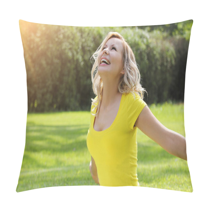 Personality  Happy Girl Enjoying The Nature On Green Grass. Beautiful Blonde Young Woman Smiling With Arms Outstretched. Outdoor Pillow Covers