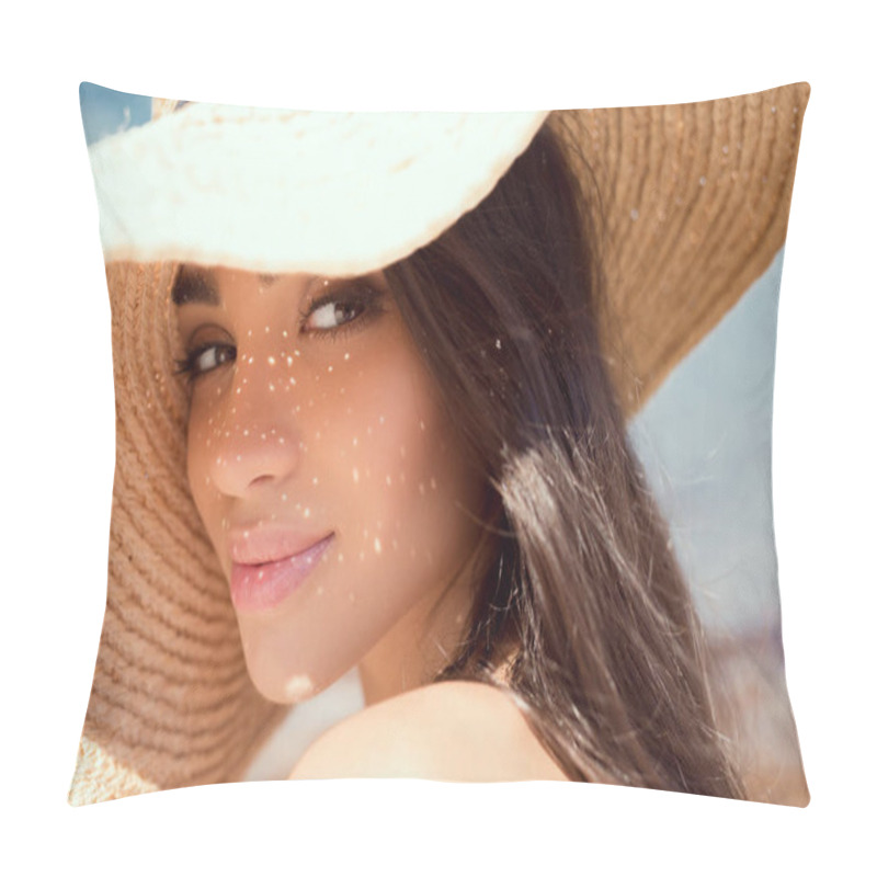 Personality  Portrait Of Attractive Girl Posing In Straw Hat Pillow Covers