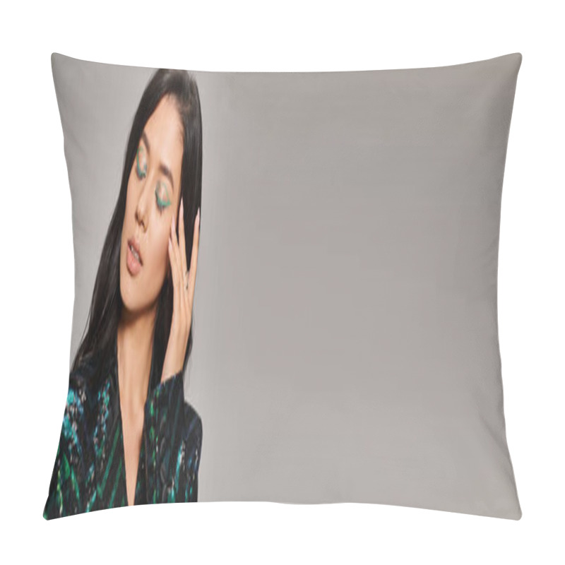 Personality  Attractive Asian Woman In Green Jacket With Sequins And Bold Eye Makeup Posing On Grey, Banner Pillow Covers