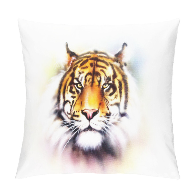 Personality  Painting Of A Bright Mighty Tiger Head On A Soft Toned Abstract Background Eye Contact Pillow Covers