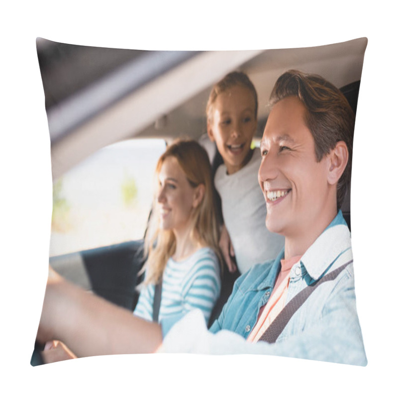 Personality  Selective Focus Of Man Driving Car During Weekend With Family  Pillow Covers