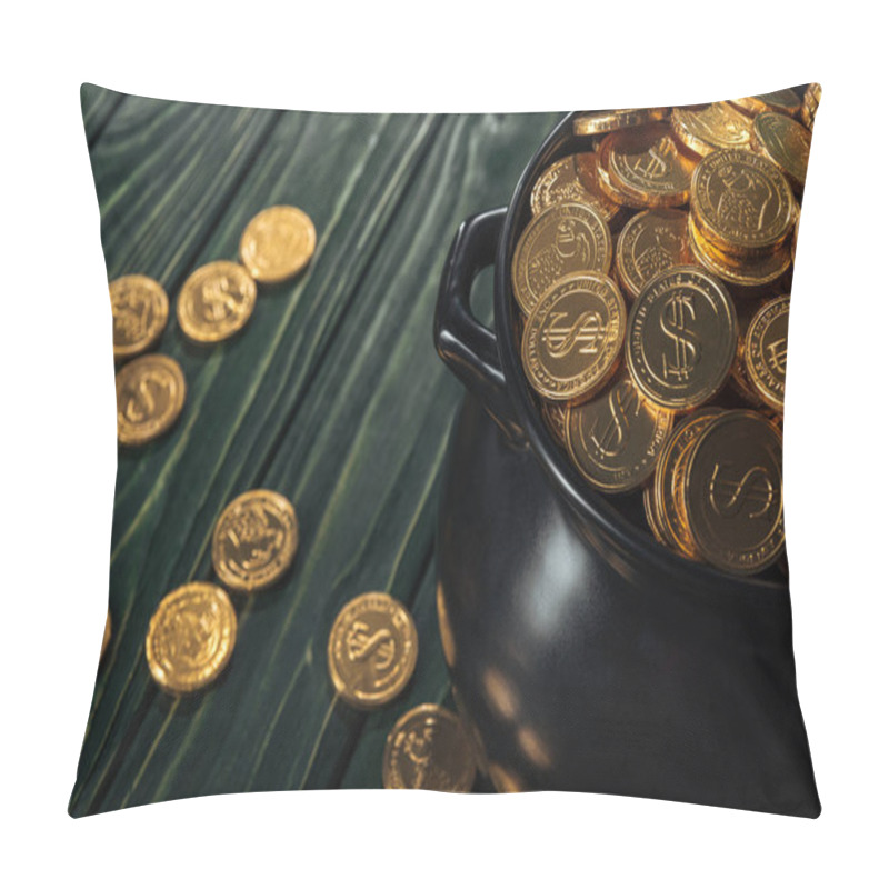 Personality  Golden Coins In Black Pot On Wooden Background, St Patrick Day Concept Pillow Covers