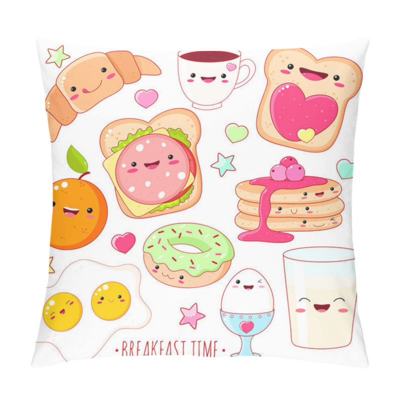 Personality  Breakfast Time. Set Of Cute Food Icons In Kawaii Style With Smiling Face And Pink Cheeks For Sweet Design. EPS8   Pillow Covers