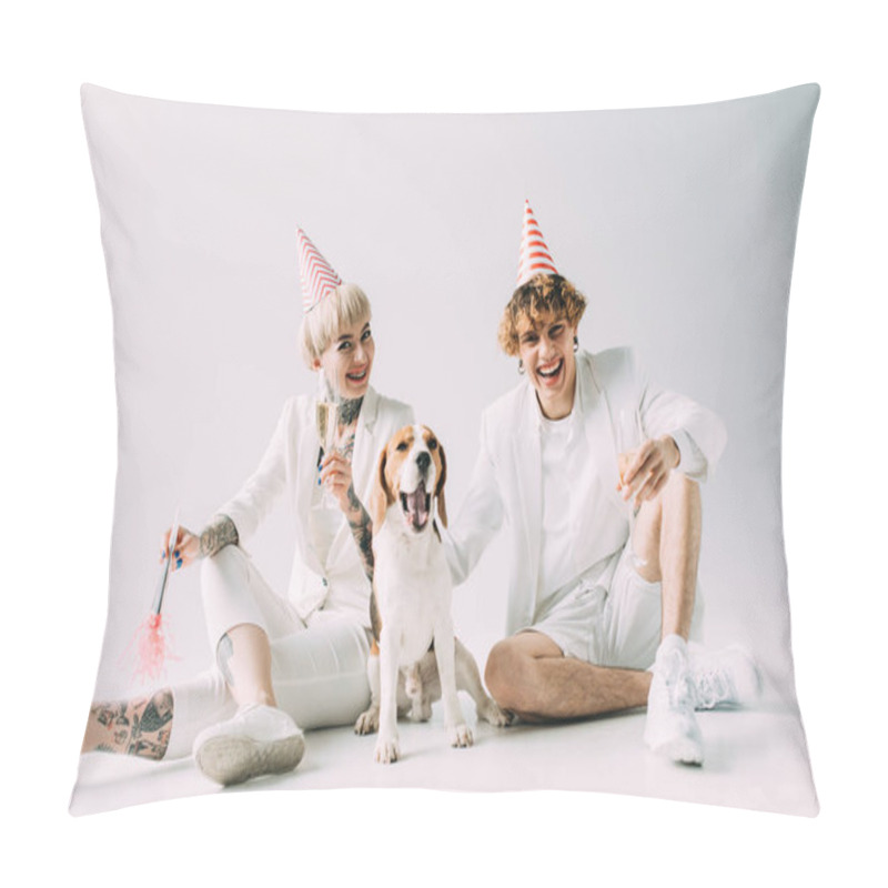 Personality  Happy Woman Holding Blower Near Boyfriend With Glass Of Champagne Sitting Near Beagle Dog On Grey Background Pillow Covers