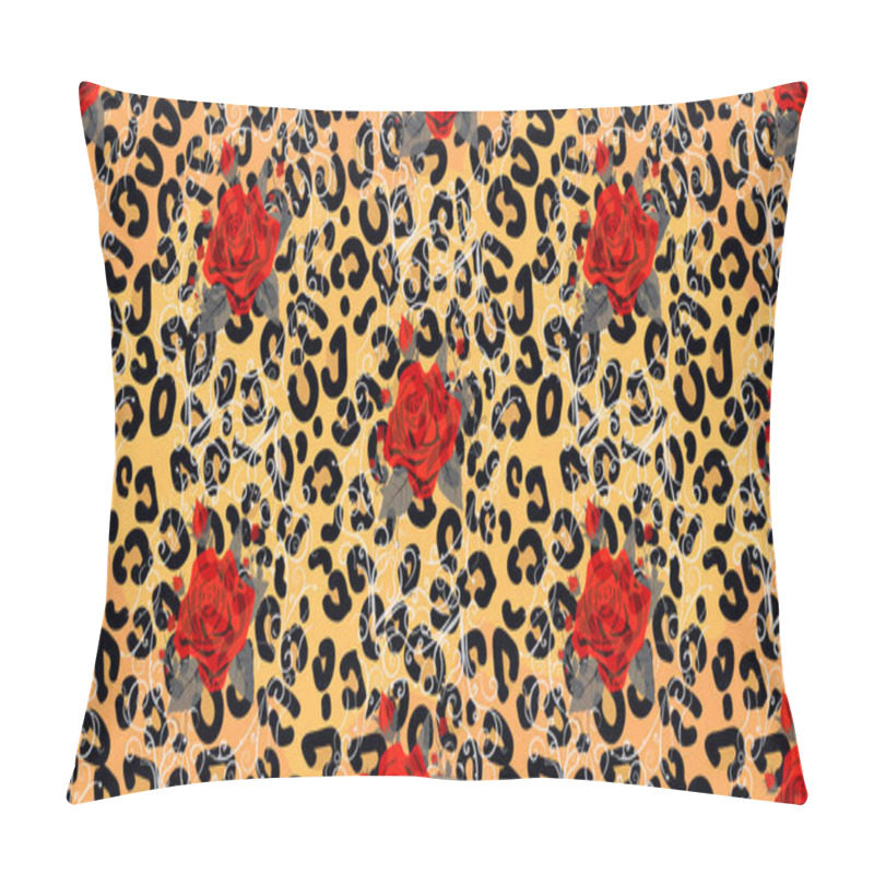 Personality  Seamless Pattern With Leopard Print And Red Roses. Vector Background With Animal Skin And Flower Texture. For Printing On Fabric, Wallpaper, Packaging. Eps 10 Pillow Covers