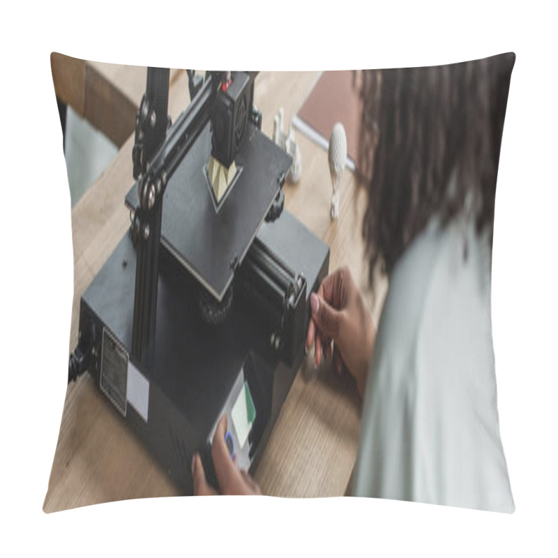 Personality  Partial View Of Young Designer Working With 3D Printer In Modern Office, Banner Pillow Covers