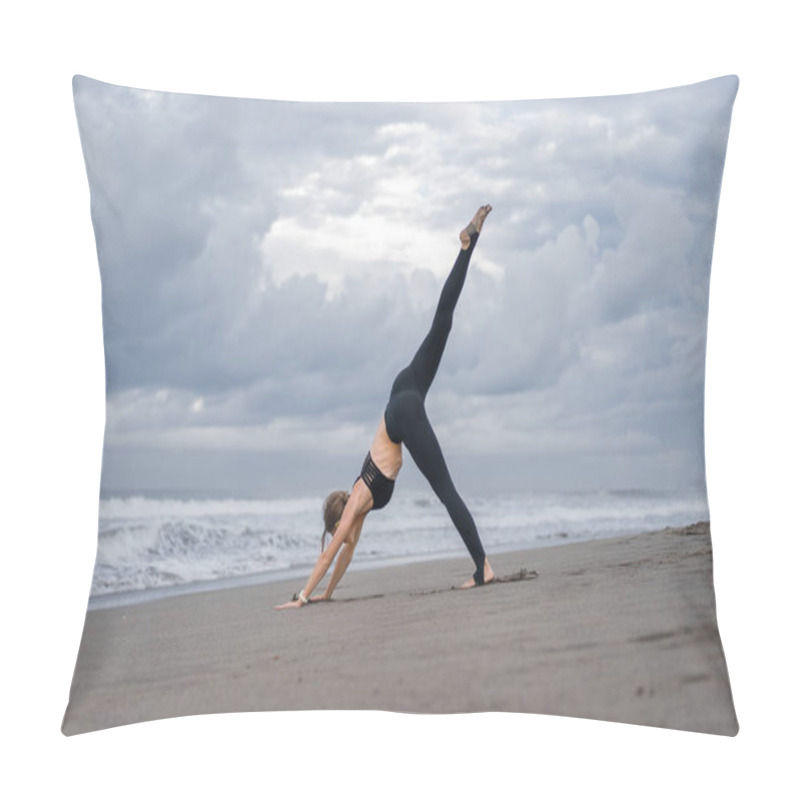 Personality  Sporty Young Woman Practicing Yoga In One Legged Downward-Facing Dog Pose (Eka Pada Adho Mukha Svanasana) On Seashore Pillow Covers