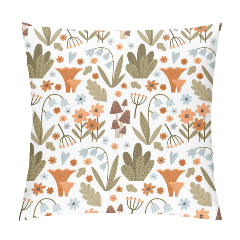 Personality  Vector Seamless Background With Forest Flowers, Herbs And Mushrooms In Cartoon Style. Pattern With Lilies Of The Valley, Daisies, Mushrooms And Other Wild Plants. Pillow Covers