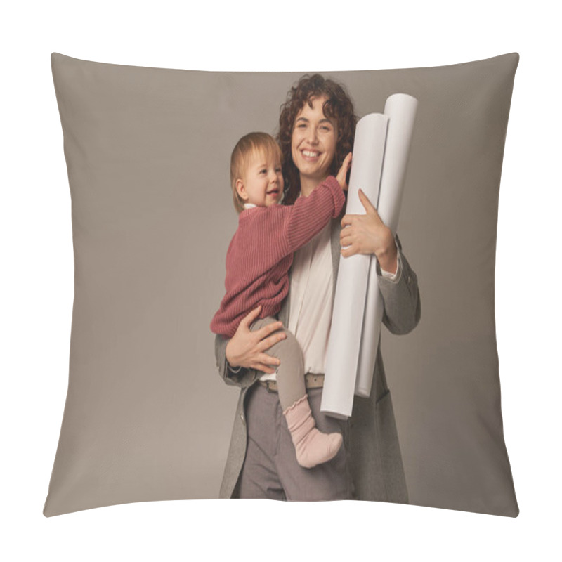 Personality  Multitasking Woman, Professional Achievements, Time Management, Joyful Mother Holding In Arms Daughter And Rolled Paper Blueprints On Grey Background, Building Successful Career  Pillow Covers