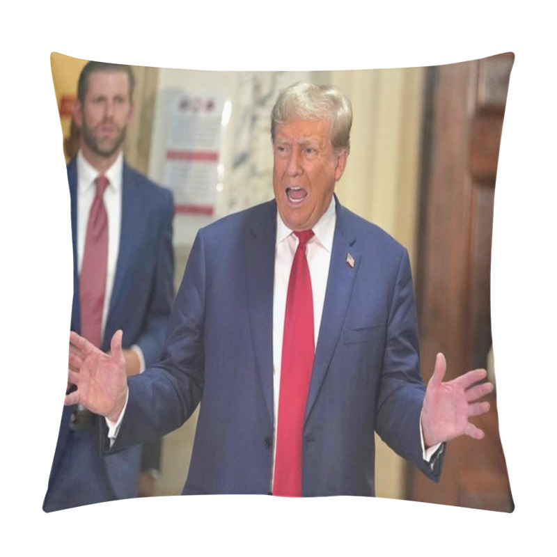 Personality  October 4, 2023, New York, USA: Donald Trumps 3rd Day Appearance For Court Fraud Trial In New York. The Former US President, Donald Trump Arrives At The Court On Day Three, For Fraud Trial In Manhattan Amid Tight Security And Busy Day In Manhattan.  Pillow Covers