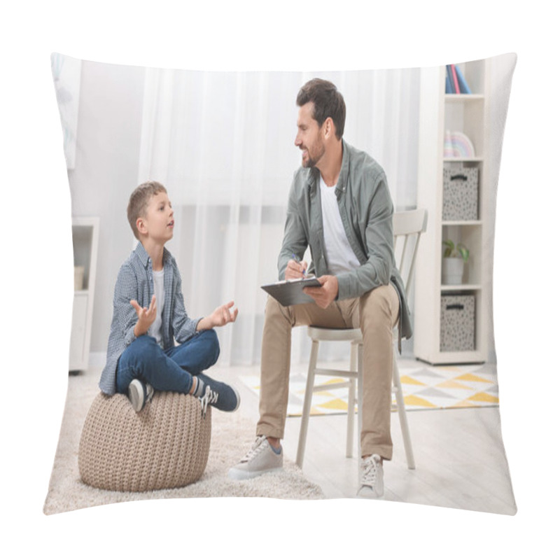 Personality  Dyslexia Treatment. Therapist Working With Boy In Room Pillow Covers