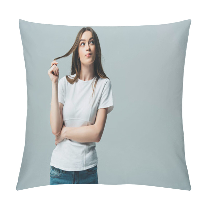 Personality  Dreamy Beautiful Girl In White T-shirt Looking Away Isolated On Grey Pillow Covers