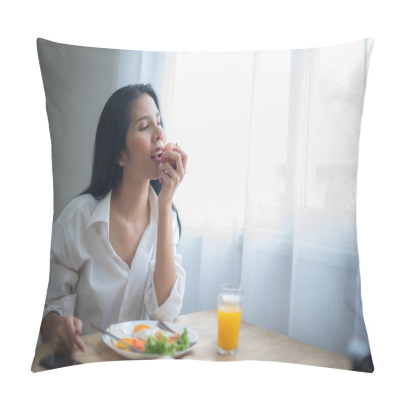 Personality  Beautiful Asian Woman Eating An Apple And On The Table Having Breakfast And A Glass Of Juice. Pillow Covers