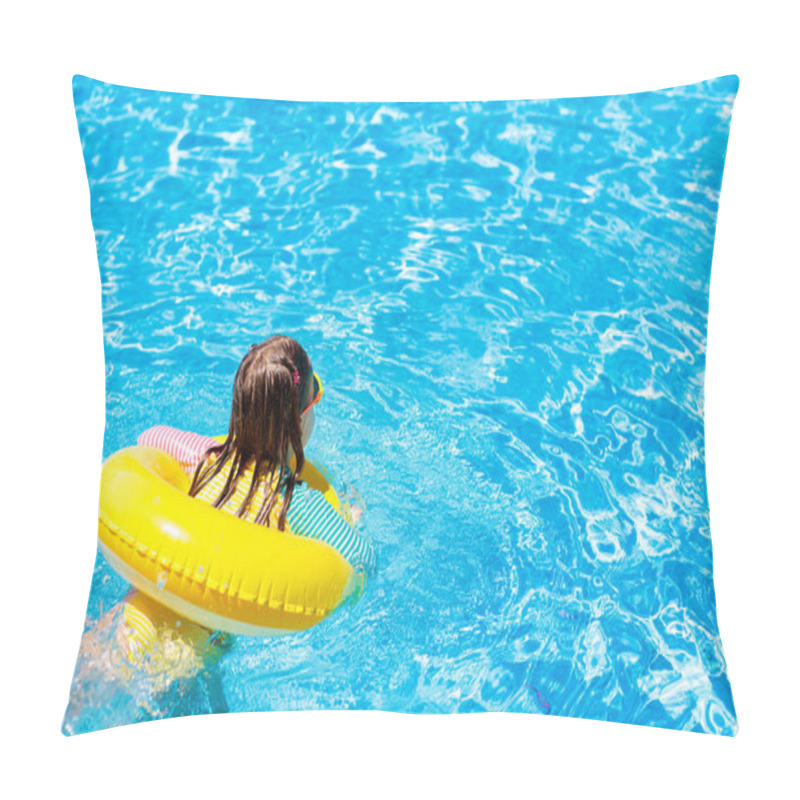 Personality  Child With Sunglasses In Swimming Pool. Little Girl On Inflatable Ring. Kid With Yellow Float. Kids Learn To Swim In Outdoor Pool Of Tropical Resort. Sun Protection And Eye Wear. Space For Your Text. Pillow Covers