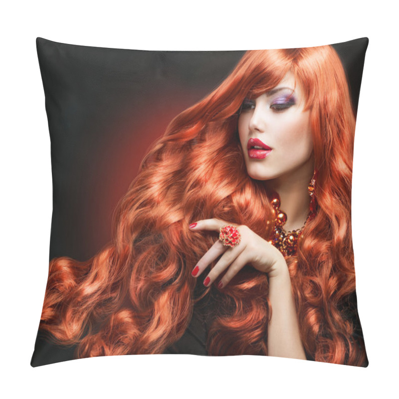 Personality  Red Hair. Fashion Girl Portrait. Long Curly Hair Pillow Covers