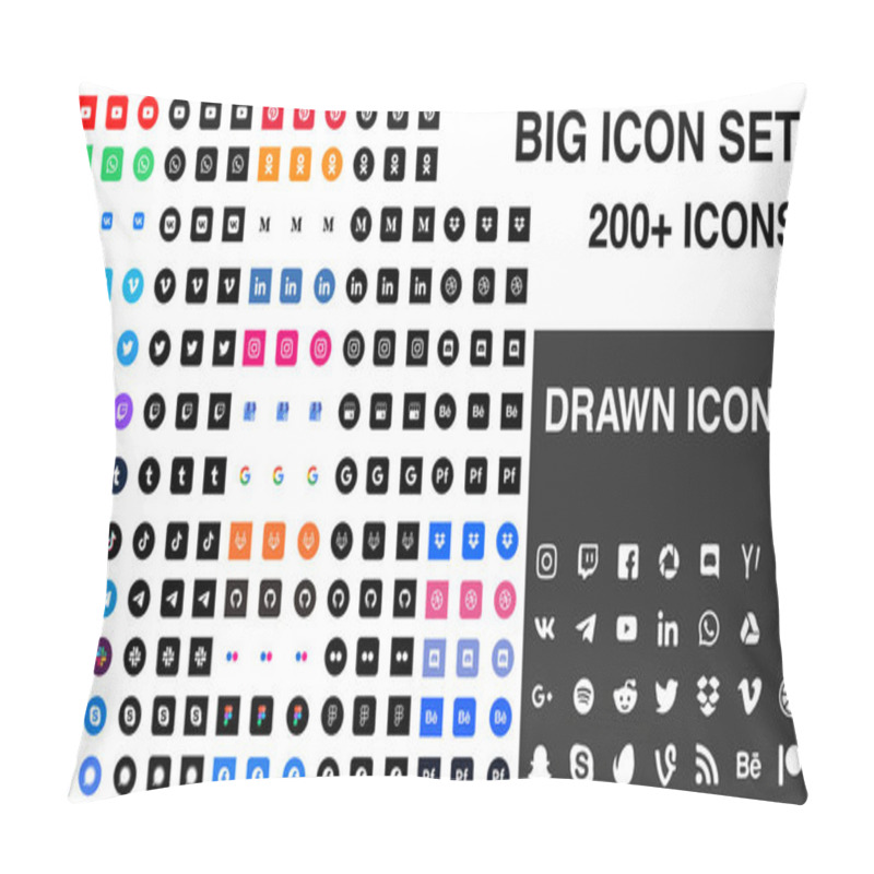 Personality  Kiev, Ukraine - April 25, 2022: Big Set Of Different Icons. 200 Icons. Collection Of Different Popular Social Media Icons Printed On White Paper: Facebook, Instagram, Whatsapp, Twitter, Pinterest Etc. Pillow Covers