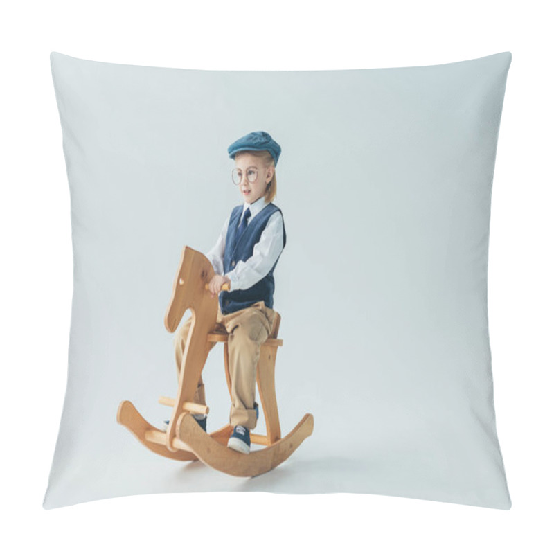 Personality  Kid In Retro Vest And Cap Riding On Rocking Horse And Looking Away  Pillow Covers