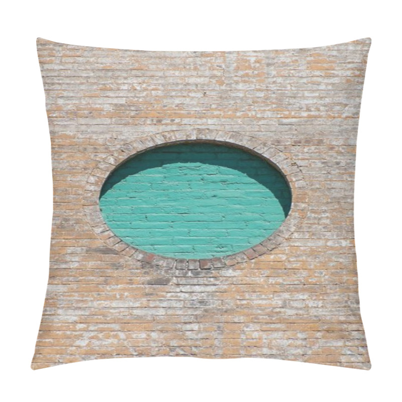 Personality  Circular Turquoise Mural On A Textured Brick Wall. Pillow Covers