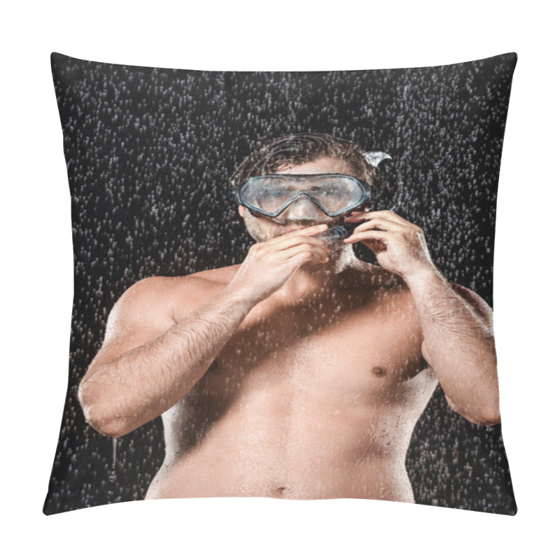 Personality  Portrait Of Shirtless Man In Swimming Mask With Snorkel Standing Under Water Drops Isolated On Black Pillow Covers