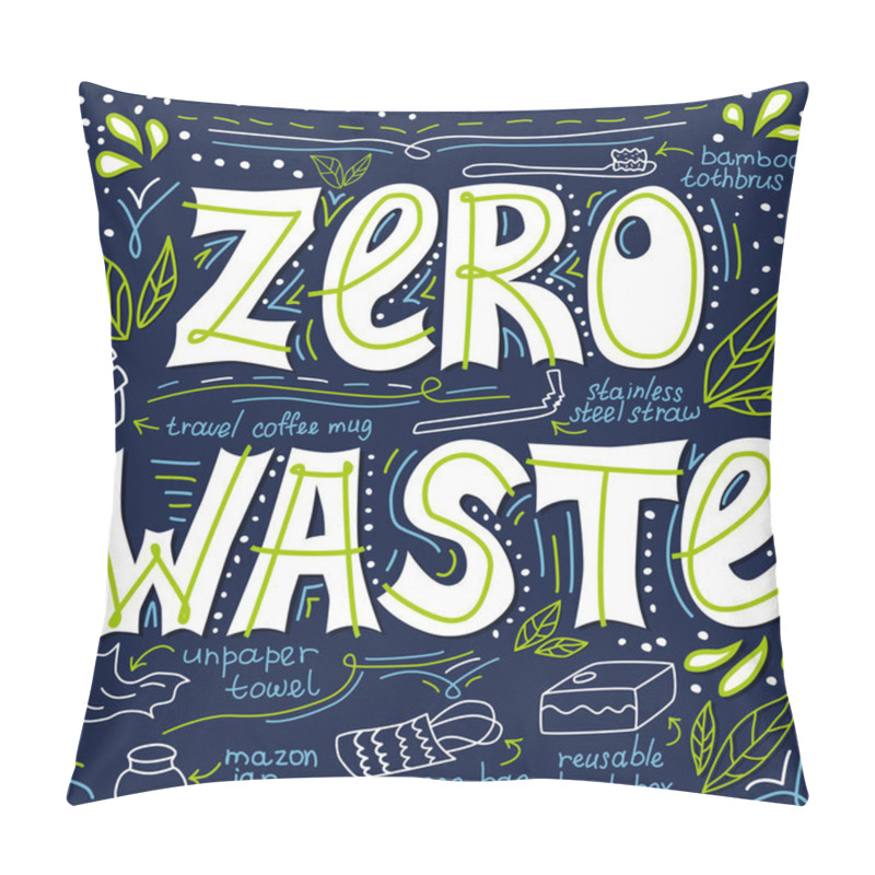 Personality  Creative Vector Lettering With Words Zero Waste. Nature Friendly Concept Based On Redusing Waste And Using Organic And Reusable Products In Every Life Aspect. Modern Movement Pillow Covers