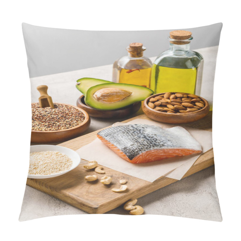 Personality  Salmon, Nuts, Eggs And Avocado On Wooden Chopping Board Near Oil Isolated On Grey, Ketogenic Diet Menu Pillow Covers