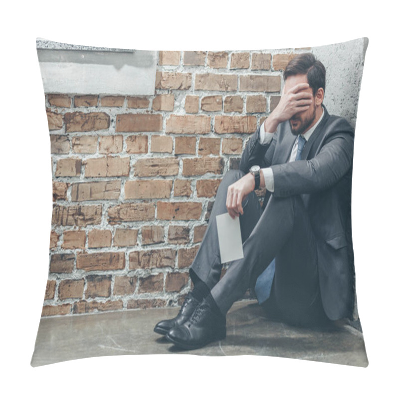 Personality  Upset Man Sitting On Floor In Corner, Holding Photo And Crying On Brown Textured Background In Room, Grieving Disorder Concept Pillow Covers