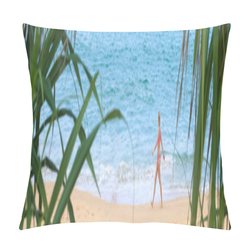 Personality  One Beautiful Woman Walking  On The Tropical Beach. Young Lady Tourist Walking Along Tropical Sandy Beach With Palm Trees. Pillow Covers