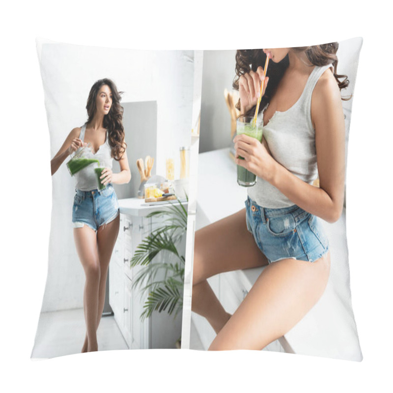 Personality  Collage Of Woman Looking Away And Pouring Smoothie In Glass Near Table And Woman Drinking Smoothie On Table In Kitchen Pillow Covers