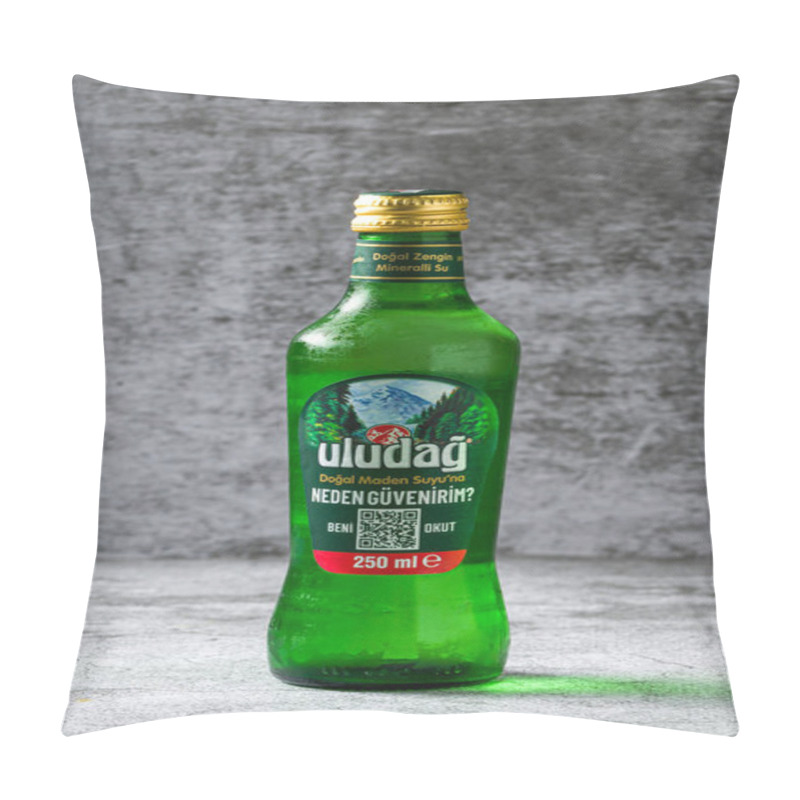 Personality  Antalya, Turkey - November 7, 2023: Uludag Mineral Water On A Stone Table Pillow Covers