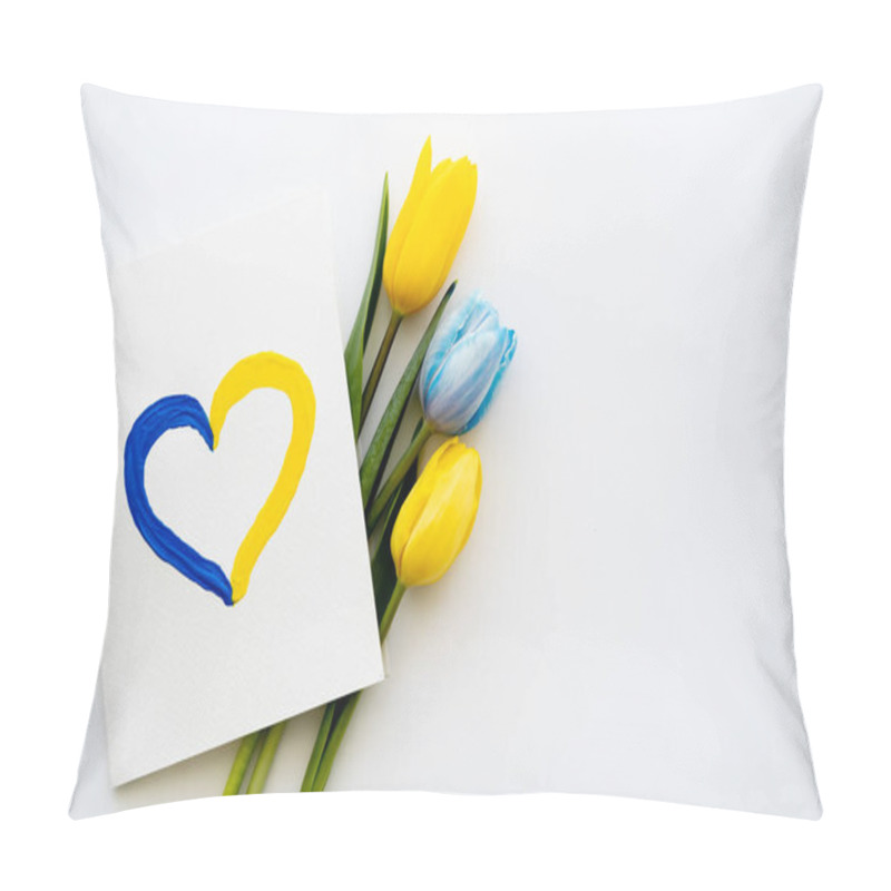 Personality  Top View Of Card With Painted Heart Sign Near Blue And Yellow Tulips On White Background  Pillow Covers