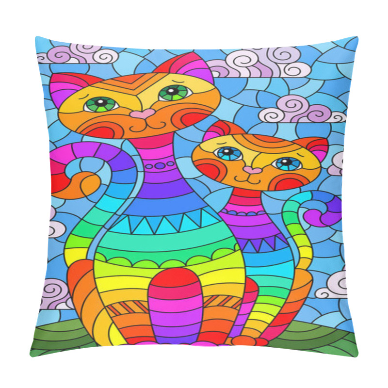 Personality  A Stained Glass Illustration With A Pair Of Cartoon Cats In A Meadow Against A Cloudy Sky Pillow Covers