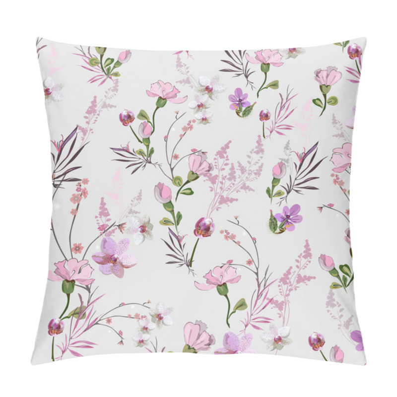 Personality  Cute Floral Pattern With Small Pink Flowers Of Orchids, Violets, Roses And Buds On A Light Background. Seamless Vector With Various Botanical Elements Arranged Randomly. For Textile, Wallpaper, Tile Pillow Covers