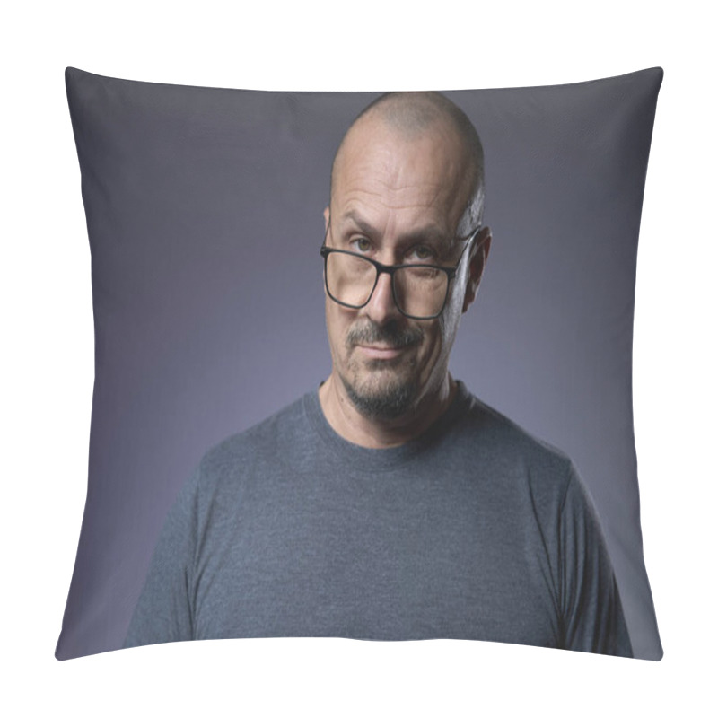 Personality  Closeup Portrait Of A Mature Man With An Expression Of Skepticism On Purple Background  Pillow Covers