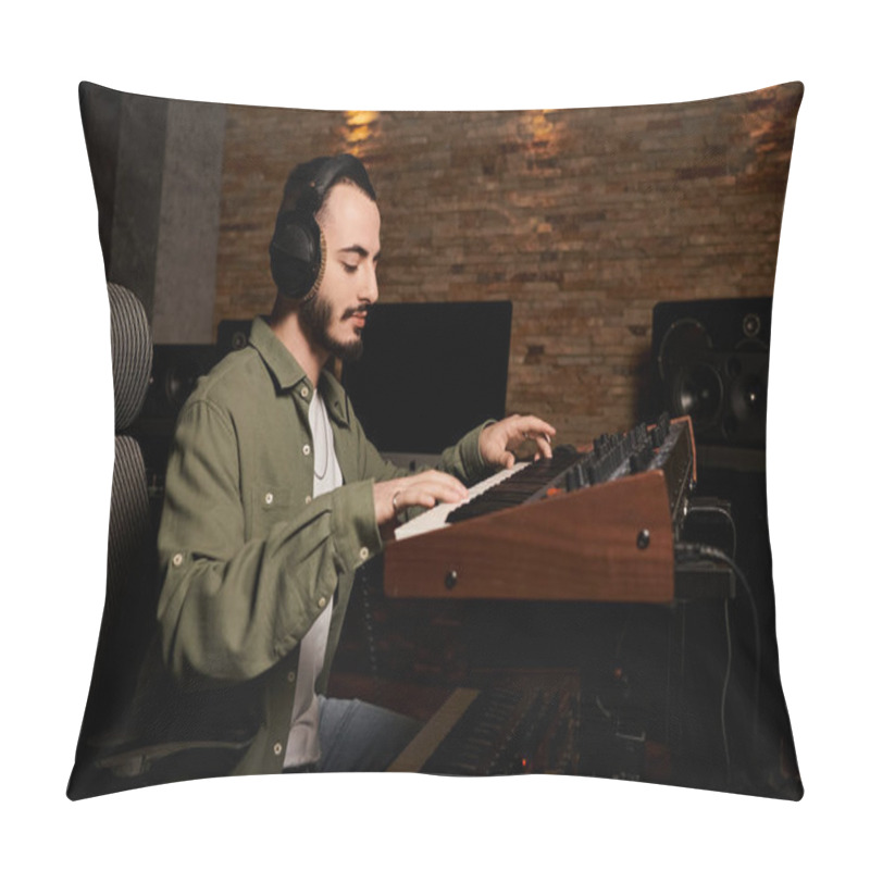 Personality  A Musician Wearing Headphones Plays A Keyboard In A Recording Studio During A Music Band Rehearsal Session. Pillow Covers