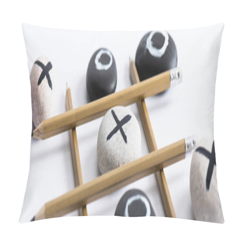 Personality  Panoramic Shot Of Tic Tac Toe Game With Grid Made Of Pencils, And Pebbles Marked With Naughts And Crosses On White Surface Pillow Covers