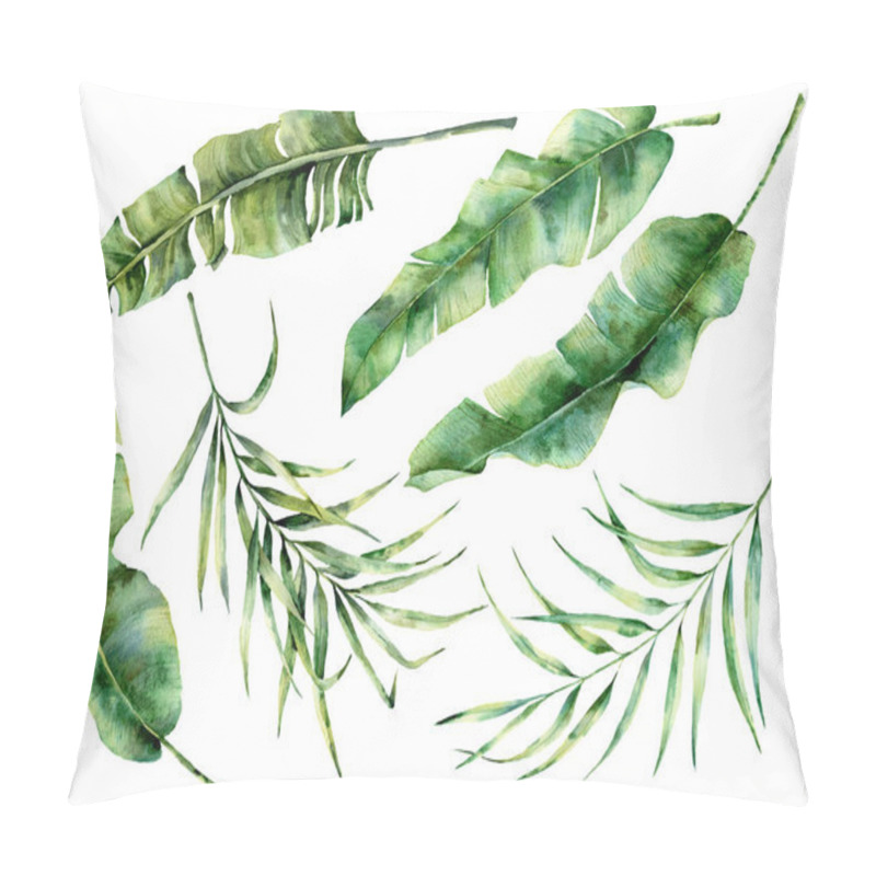 Personality  Watercolor Tropical Tree Leaves Set. Hand Painted Banana And Coconut Greenery Exotic Branch On Dark Blue Background. Botanical Illustration For Design, Fabric, Print Or Background. Pillow Covers