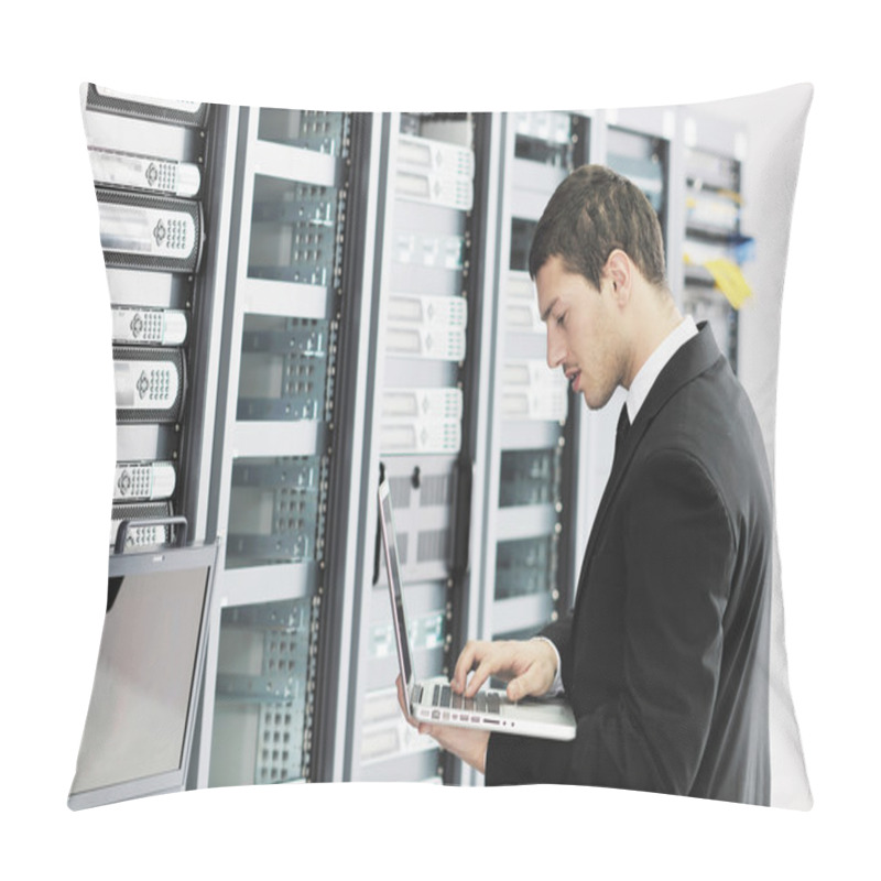 Personality  Young It Engeneer Business Man With Thin Modern Aluminium Laptop In Network Server Room Pillow Covers