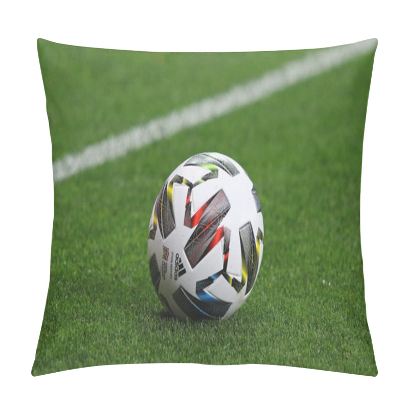 Personality  KYIV, UKRAINE - OCTOBER 10, 2020: Adidas Nations League, Official Match Ball Of UEFA Nations League On The Grass Seen During UEFA Nations League Game Ukraine V Germany At NSK Olimpiyskiy Stadium Pillow Covers