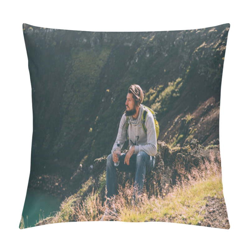 Personality  Young Bearded Man Sitting On Rock And Looking At Beautiful Crater Lake In Iceland  Pillow Covers