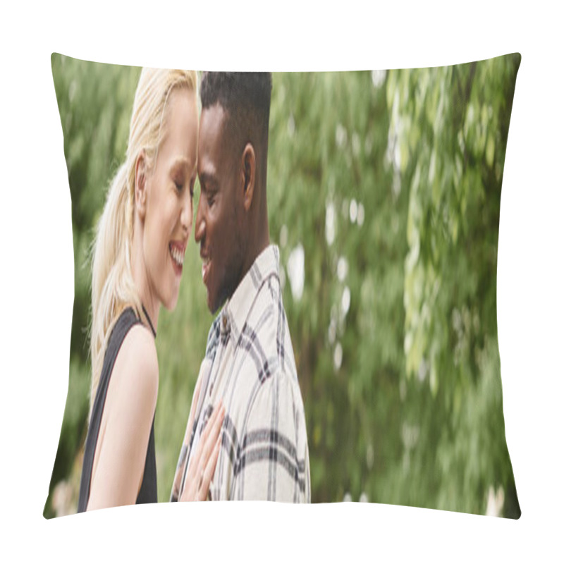 Personality  A Multicultural Couple, An African American Man And A Caucasian Woman, Standing Side By Side Outdoors In A Park. Pillow Covers