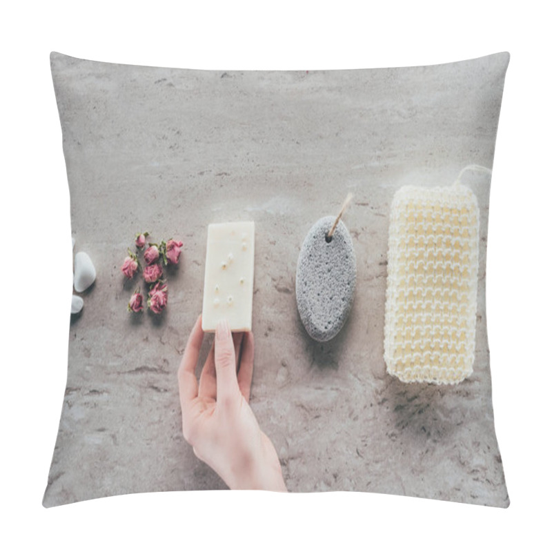 Personality  Cropped View Of Hand With Stones, Dried Roses, Natural Soap, Pumice And Bath Sponge For Spa On Marble Surface Pillow Covers